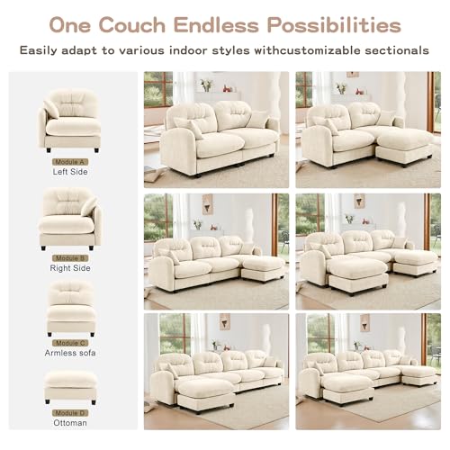 Image of KEIKI 107 inch U-Shaped Oversized Chenille Modular Sectional Sofa with 2 Ottoman, High-Density Foam Cushions, Tufted Pleated Cushion Backrest, Modern 3-Seater Couch with 2 Pillow, for Living Room, Beige