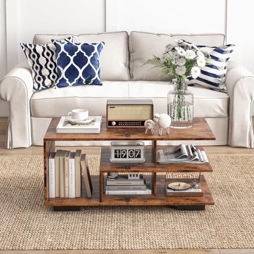 COSTWAY Couchtisch mit Stauraum, rechteckiger Wohnzimmertisch Retro mit L-förmiger Mittelablage, 3-stufiger geometrischer Kaffeetisch für Wohnzimmer, Empfangsraum, 90 x 50 x 42 cm (Rustikales Braun) – Bild 5