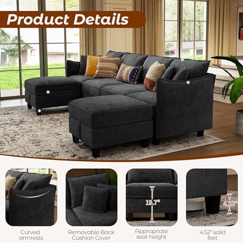WorthFurni 112" Modular Sectional Sofa U Shape Couches with Storage Ottoman and Washable Cushion Cover for Living Room, Bedroom, Apartment(Black) - image 5