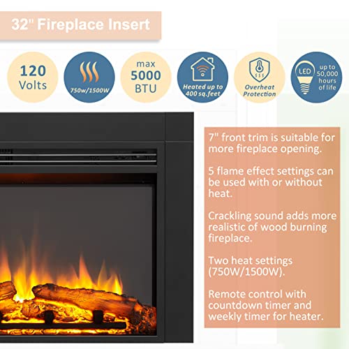 Image of LegendFlame Jaden 32 inch W x 22 inch H (EF375) Electric Fireplace Insert with Front Trim Kit, Fire Crackling Sound, 750W /1500W Heater, Remote Control