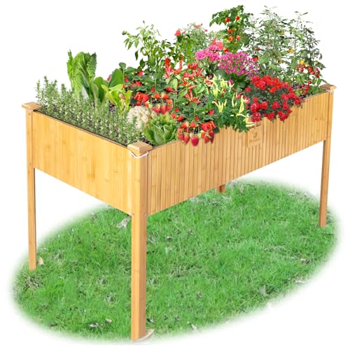 FCVEIDO Raised Garden Bed, 48x25x30 Inch Raised Bed, Elevated Bamboo Planter Box with Legs, Standing Growing Bed for Growing Fresh Herbs, Vegetables, Succulents, Flowers