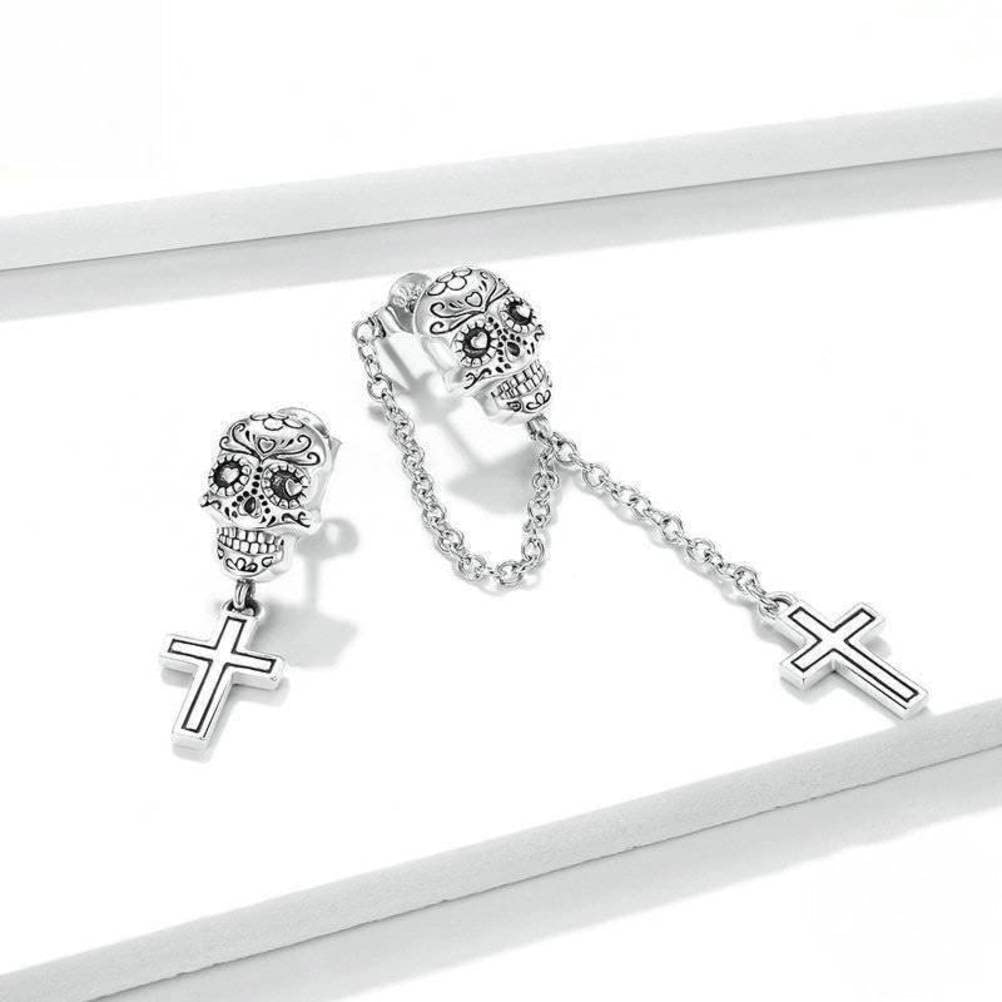 SIWAN Pendientes de Calavera Y Cruz de Plata 925 para Hombres Y Mujeres, Pendientes Asimétricos con Borlas de Halloween, Accesorios para Las Orejas de Verano para Mujeresplata, 925 plata
