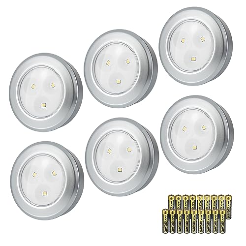 Image of LUXSWAY LED Puck Lights Tap Light, Battery Operated Mini Push Light, LED Under Cabinet Lighting, Stick on Lights, Kitchen Closet Counter Night Lights (Included 18 AAA Batteries, 6-Pack,Silver)