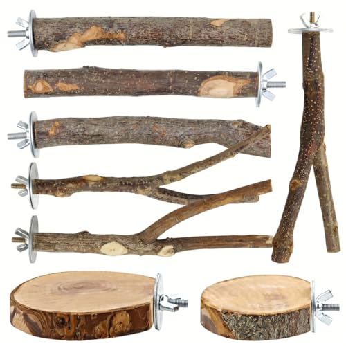 Percha para pájaros, 8 Piezas de Perchas para pájaros de Madera Natural, Accesorios para jaulas con Ramas y Plataformas para periquitos, cacatúas, cotorras y agapornis (marrón).