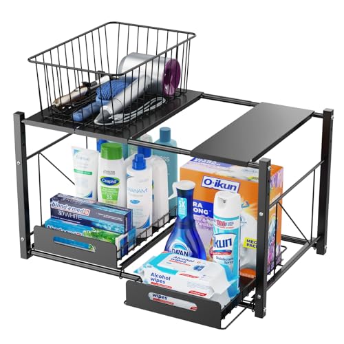 iSPECLE Under Bathroom Sink Organizer – 2 Tier Expandable Under Sink Organizer Add Extra Space and Easy Access, Under Sink Shelf for 22″ to 32″ Wide Sink Cabinet, Not Include Basket