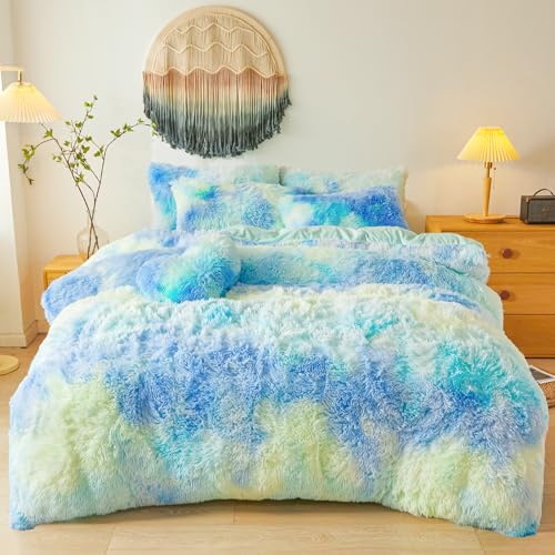 Plush Fluffy Tie Dye Mint Green Comforter Cover Twin Set – Faux Fur Plush Tie Dye Mint Green Bedding 2-Piece Set (1 Furry Duvet Cover + 1 Shaggy Pillow Sham) Cozy Bed Set