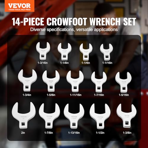 Image of VEVOR Crowfoot Wrench Set, 1 /2 inch Drive 14-Piece SAE (1-1 /16 inch - 2 inch) Crows Foot Wrench Set with Storage Tray, 40CR Material with Laser Etched Sizing, for Mechanical Maintenance or Repairs