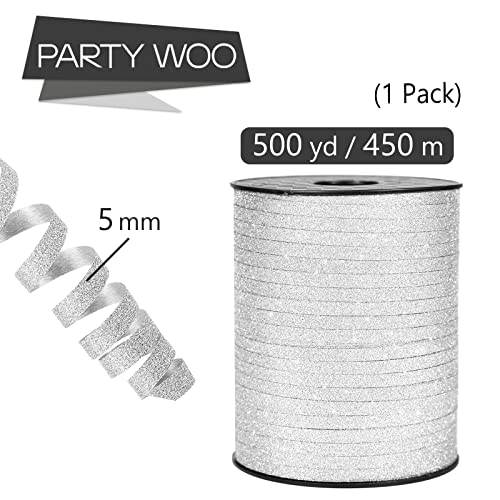 Image of PartyWoo Silver Ribbon - 500 Yard Curling Ribbon for Crafts, Balloons, Gift Wrapping, Florist Flowers (1 Roll)