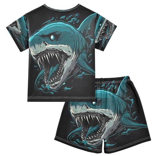 ALAZA Dark Blue Shark Pajamas Set Short Sleeve Cotton Sleepwear Summer Pjs 2 Piece 5-14Y2