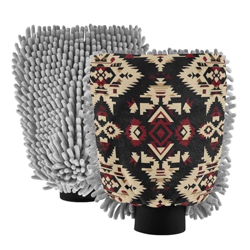 Flradish 2 Pack Traditional Tribal Texture Car Wash Mitt Chenille Microfiber Lint-Free Scratch Free Ultra-Soft Absorbent Car Wash Mitt 11.8x8.07 Inch