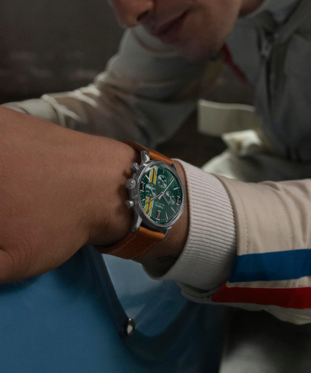 Timex Marlin Chronograph Tachymeter Tw2W99100 Zegarek Męski, 40 mm, Brązowy Skórzany Pasek, Zielona Tarcza i Koperta ze Stali Nierdzewnej
