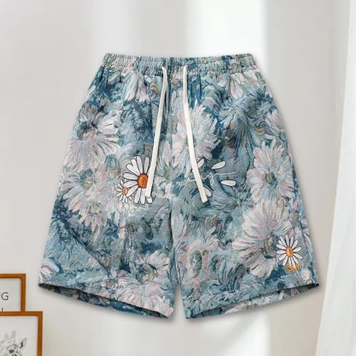 Men's Vintage Floral Linen Beach Shorts, Breathable Swim Trunks, Elastic Waist, for Pool, Tropical Vacation, Casual Summer Outfits