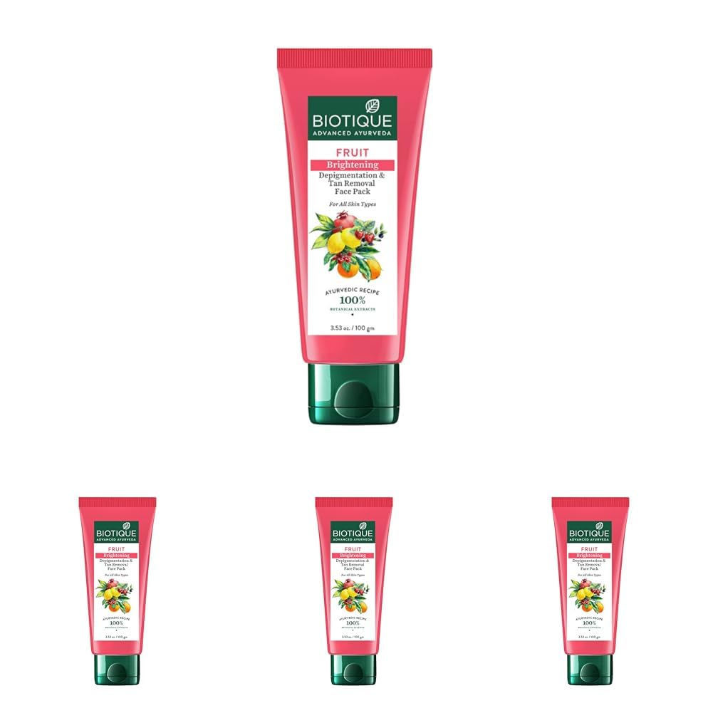Biotique Fruit Brightening Depigmentation and Tan Removal Face Pack| Ayurvedic and Organically Pure| Tan Removal Face Pack for All Skin Types|100% Botanical Extracts| 100gm (Pack of 4)