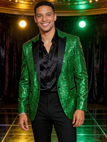 Image of Barry.Wang Mens Sequins Blazer Sparkle Dress Suit Jacket Cocktails Shiny Metallic Disco Dance Party Tuxedo Homecoming
