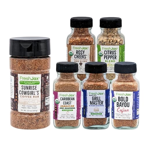 FreshJax Coffee Rub and BBQ Seasoning Gift Set Bundle | 5 Sampler Sized and 1 Large Bottle | Non GMO, Gluten Free, Keto, Paleo, No Preservative