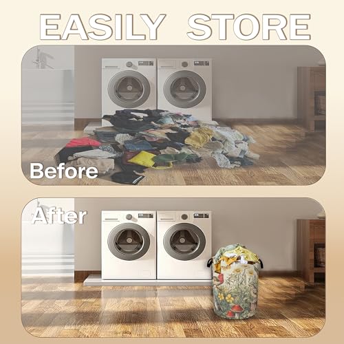 Image of Collapsible Laundry Basket,Vintage Flower Bird Dirty Clothes Hamper,Rustic Butterfly Mushroom Hampers for Bedroom Waterproof Oxford Cloth Storage Organizer for Bathroom,Nursery,Dorm,16x20 Inch