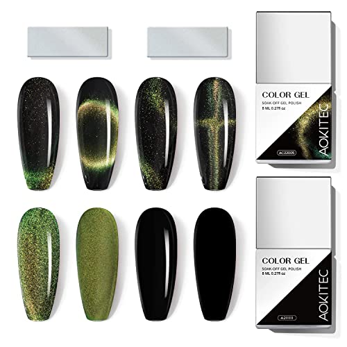 Aokitec 8ML*2 9D Kits Esmalte de Uñas Gel de Ojo de Gato Con Gel Negro de Esmalte y gel de inmersión de uña LED de Luz ultravioleta holográfica galaxy magnética