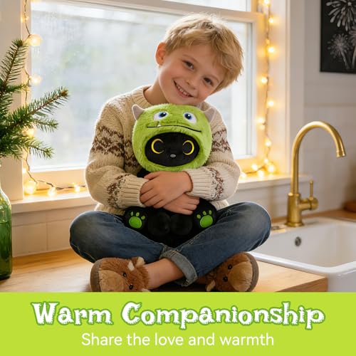 Image of Monster Cat Plush - 8 inch Black Cat Plush with Removable Green Monster Hood, Cute Plushies for Kids, Boys and Girls, Soft Cartoon Anime Stuffed Animal for Birthday Gift
