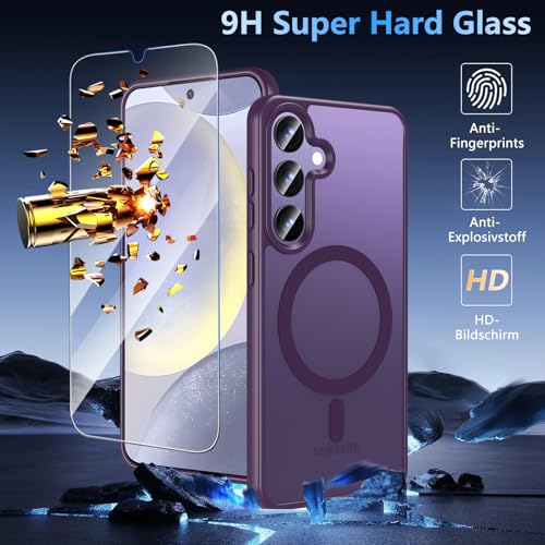 Image of OWKEY for Galaxy S24|S25 Case 6.2'',Magnetic Samsung Galaxy S24 /S25 Case for Magsafe with Tempered Glass Screen Protector, [Shockproof Military] Translucent Back Slim Bumper Cover S24 S25 Case,Purple