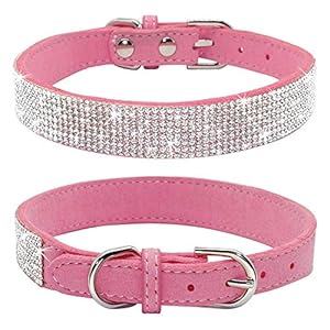 Rhinestone Dog Collar, Cute Dazzling Sparkling Soft Suede Leather Dog Cat Rhinestone Collar Crystal Diamond Pet Dog Puppy Collar(Pink,L 38-46 cm)