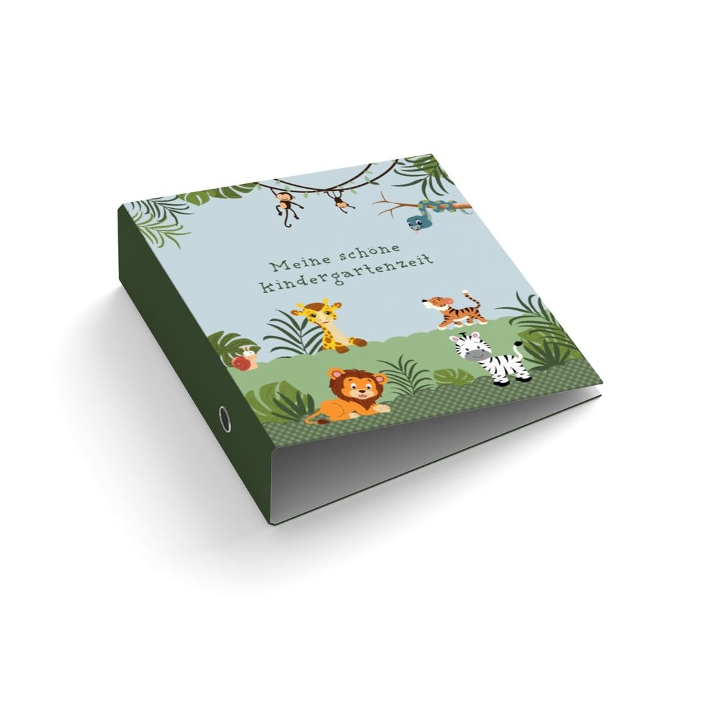 Ringordner mit Wunschtext personalisieren | Ordner für Kinder | Giraffe Zebra & Co. | Mit Griffloch | für DIN A4 | 7,4 cm breit | Meine Kindergartenzeit | Löwe | Tiger