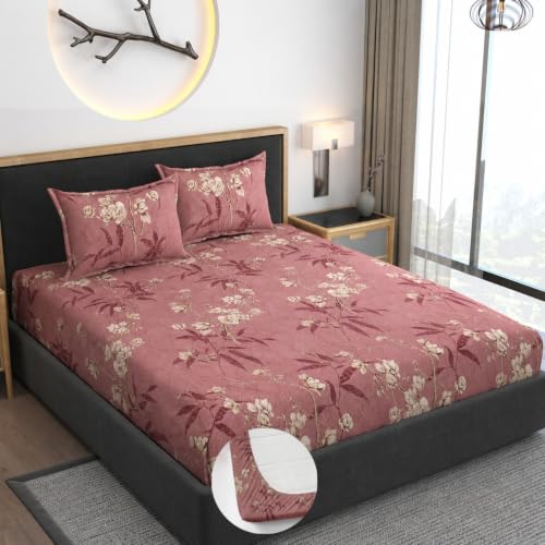 Image of Premium Heavy Cotton Elastic Fitted Bedsheets with 2 King Size Pillow Covers | Diwan Bed with All Around Elastic 350 TC | 48 x 78 x 8 Inch Diwan Size Fitted | :- Maroon Flower