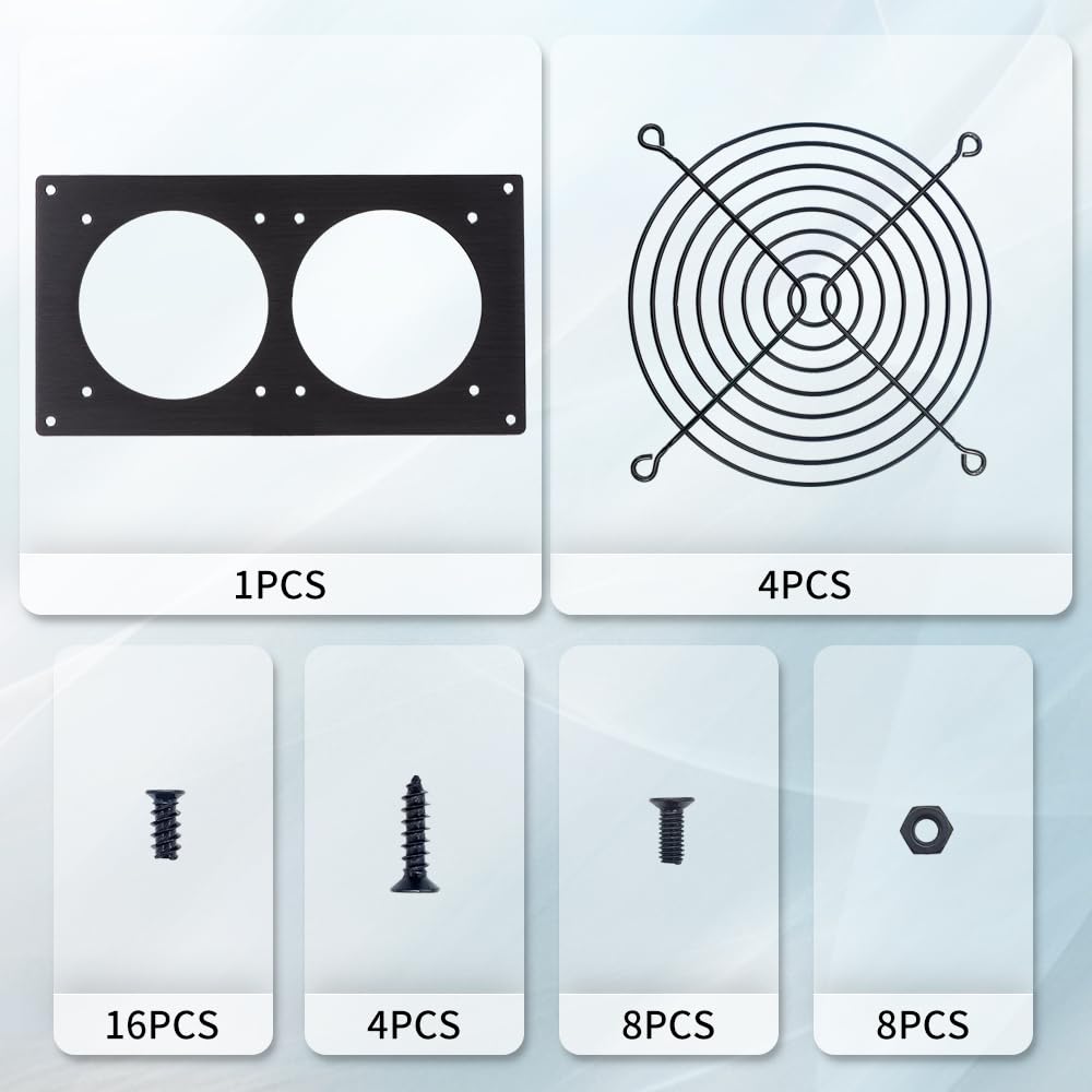 Dos rejillas de ventilación de ventilador de 120 mm para computadoras de PC y armarios electrónicos AV, incluye soporte de montaje del ventilador, panel de malla protector, optimiza el flujo
