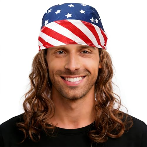 Malaxlx American Flag Mullet Wig Hat Patriotic Hair Cap for Men Women Skull Cap for 4th of July Party