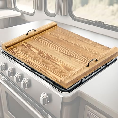 Maxdot Rv Stove Top Cover Board Wood Noodle Board Camper Stove Top Cover Countertop Cutting with 5 Pcs Adjustable Non-Slip Rubber Feet Leg Juice Groove for Trailer Gas Burner Kitchen(Light Brown)
