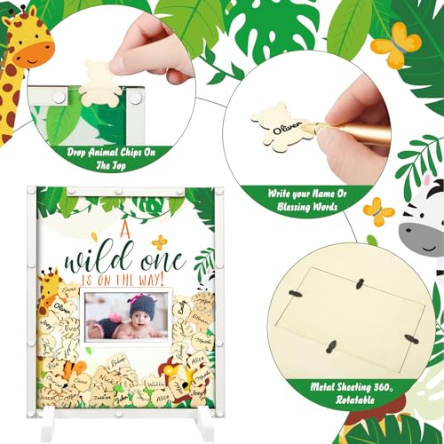 Image of Beeveer 65 Pcs Baby Shower Guest Book Alternatives Safari Animal Wild One Baby Shower Decorations Sign in Guest Book with Picture Frame and 60 Wooden Animal Chip Signature Board Keepsake Gifts