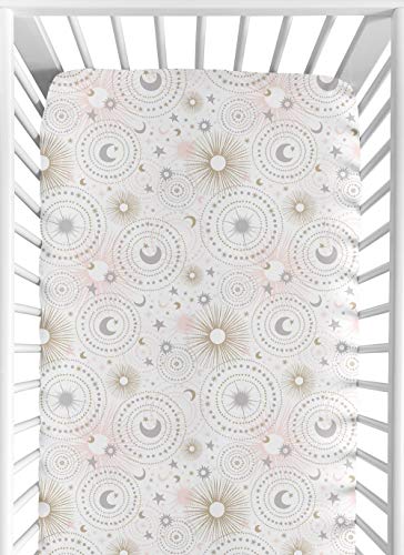 Image of Sweet Jojo Designs Star and Moon Girl Jersey Stretch Knit Baby Fitted Crib Sheet for Soft Toddler Bed Nursery - Blush Pink, Gold, and Grey Celestial