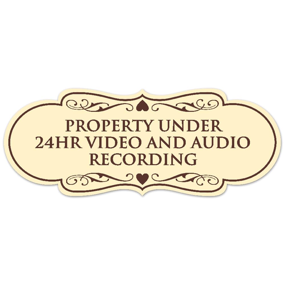 Signs ByLITA Designer Property Under 24hr Audio and Video Recording Sign - Easy Installation | Durable Wall or Door Sign (Ivory/Dark Brown) - Large
