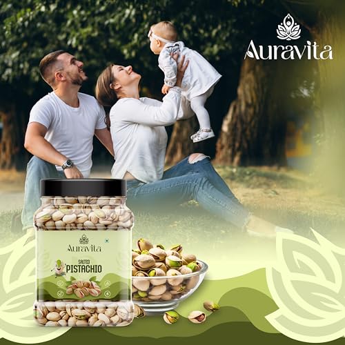 Image of Auravita Premium Roasted & Salted Pistachios 500gm | Crunchy & Flavorful Pista Dry Fruit | Resealable Jar | High in Protein & Fiber | Ideal for Snacking, Gifting