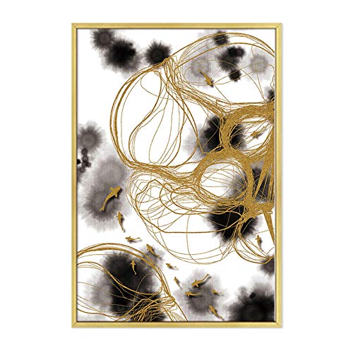 Affiche abstraite moderne dorée et noire géométrique 50X70cm x2