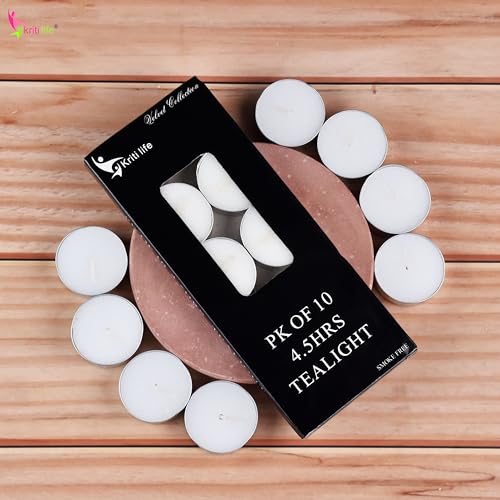 Image of Kriti Life Tealight Candles - 100% Paraffin Wax, Smokeless & Unscented, Long Burn 4.5 Hours, Set of 10 Pcs, Dripless White Candles for Home Decor, Diwali, Weddings, Meditation