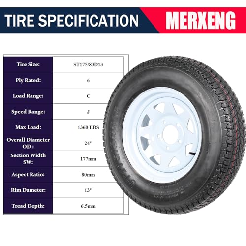 Trailer Tires Rims ST175/80D13 175 80 13 Tire, 5 Lug on 4.5", White Spoke Wheel Load Range C, 6 PLY, Set of 2 - Image 3