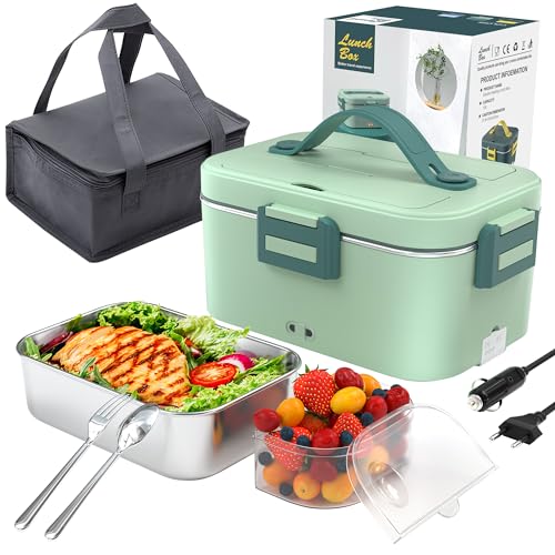 AZOMKER Fiambrera Electrica 3 en 1 75W 1.8L para Coche Camión y Trabajo 220V/12V/24V,Calienta Comida en Minutos,Fiambrera Termica Termo Comida Caliente Acero Inoxidable(Verde claro)…