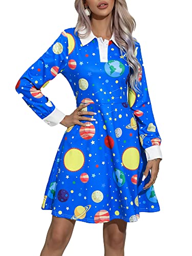 Laqeyko Women Costume Peter Pan Collar School Costume Science Teacher Dress Galaxy Space Planet Halloween Dress Blue LA246-1-XL
