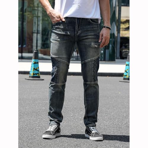 Mens Slim Fit Bike Jeans Distressed Straight Leg Cargo Denim Pants4