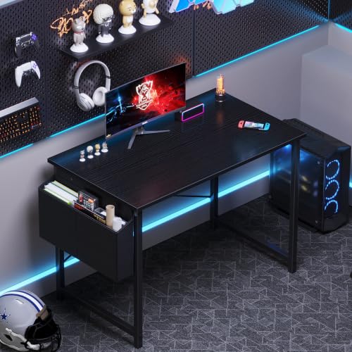 Image of OLIXIS Small Computer Desk, 40 Inch Gaming Desks for Home Office | Writing Study Craft Work Table, Computer Workstation for Bedroom Small Spaces with Storage Bag, Black