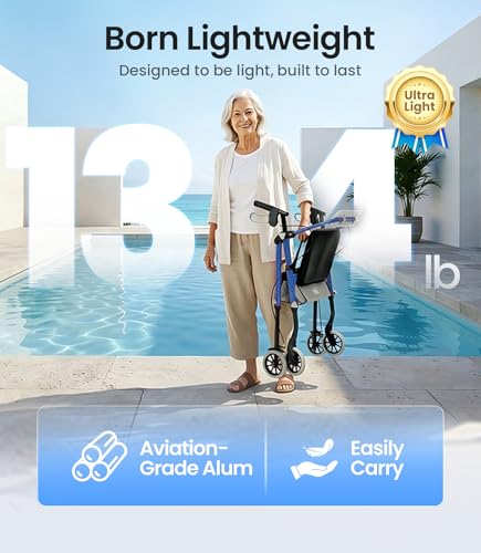 Image of VOCIC Z12 Walker for Seniors with Seat, 13.4 LBS Ultra Light, 350 LBS | Ergo Seat & Backrest for Comfort, Height Adjustable & Easily Foldable for Seniors, All Terrain Wheels, Silver