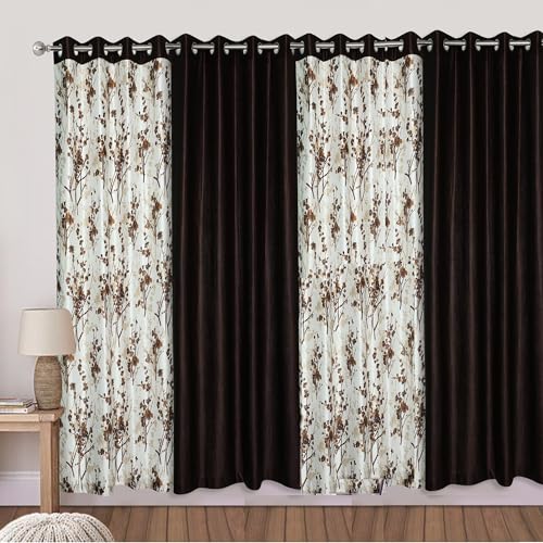 Image of 9 Feet Polyester Floral Light Filtering Long Door Curtains for Living Room, Bedroom & Hall, Eyelet Top, Coffee Printed and Solid Plain Curtain Set of 4