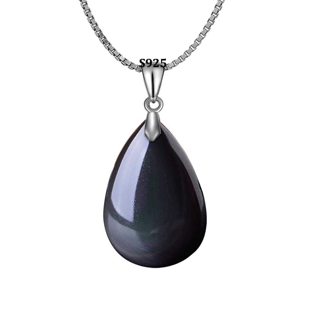 925 Black Obsidian Drop Pendant with Faint Rainbow Eyes Necklace Amulet Gemstone Stainless Steel/Titanium/925 Chain Necklace