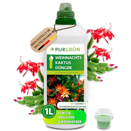 Purgrün® Weihnachtskaktus-Dünger 1 Liter – Spurennährstoffe für prächtige Blüten – Extra Kalium stärkt die Widerstandskraft – Ergiebiges Konzentrat für 400 Liter Gießwasser – Premium-Flüssigdünger