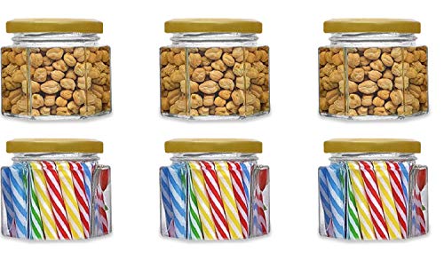 Image of CROCO JAR Hexagon Glass Jar Set of 8 (100 ml) | Airtight Gold Lid Mini Glass Storage Jars for Spices Mouth Freshener & Condiments