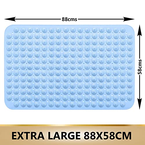 Image of TurtleGrip Anti-Skid Shower Mat, 88x58 cm Accu-Pebble (Blue), Anti-Slip Extra Large Bathtub Mat with Suction Cups, Machine Washable Bathroom Mats with Drain Holes