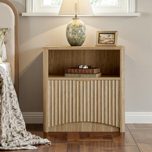 Image of Evermagin Fluted Nightstand Set of 2, Natural Oak Bedside Table with Drawer and Storage, Wood End Table Mid Century Modern, Large Night Stand for Bedroom