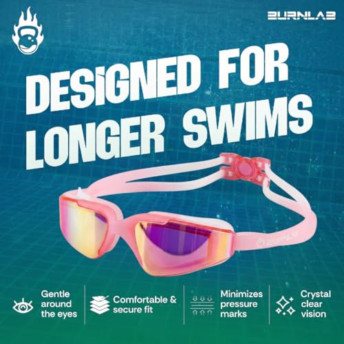 Image of BURNLAB Kids Mirrored Lens Swimming Goggles for Pool and Outdoor Swimming, Adjustable Fit, kids Boys and girls (pink)