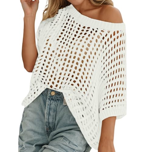 Jersey de ganchillo para mujer con hombros descubiertos, crochet, camiseta de gran tamaño, cuello oblicuo, playa, suelto, crochet, manga corta, cuello redondo, ligero, verano, camiseta para festival