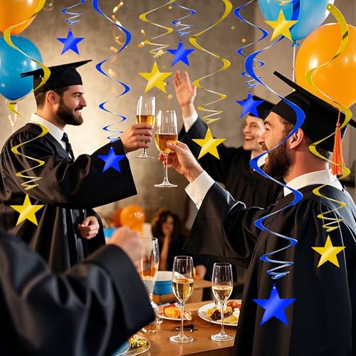 Image of BEISHIDA Blue Gold Stars Hanging Swirls Graduation Hanging Ornament Decorations for Birthday Party Baby Shower Congrats Grade 2026 Graduation Decorations,Pack of 15